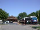 The Minnesota Zephyr stands ready for a dinner cruise next to the Stillwater rail depot