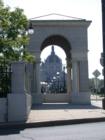 The Saint Paul Cathedral, framed under an archway along I-94 in Saint Paul