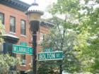 Lampost at corner of Bolton & Lanvale with rowhomes in background
