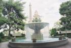 Fountain at the entry to the Bellagio with the Eiffel Tower at the Paris in the background
