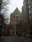 Building in Boston with a Christmas ribbon wrapped around it