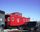 Railway cars on display downtown, next to Fargo's railroad depot and museum