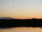 Lake Crowfield at sunset with a C-17 flying overhead from the Charleston Air Force Base