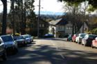 A street scape with San Francisco views.  SF pops up regularly as you turn corners in this town.