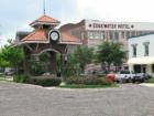 The Clocktower in Downtown Winter Garden, backdropped by the historic Edgewater Hotel.