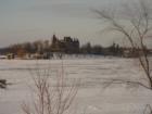 Boldt Castle in the winter.  You are viewing across the frozen St. Lawrence River.
