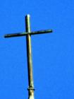 Cross on Bolin Chaplin, First Baptist Church on Pin Oak Rd., Katy, Texas.  Set against bright blue Texas sky.  Photo by Liz Carter, local resident of Katy, and Realtor since 1976