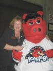 Helping with tickets at RVC (RockValley College) for the Rockford Kiwanis Pancake Day-2008; I got a photo with famous: HAMMY with the ROCKFORD ICE HOGS