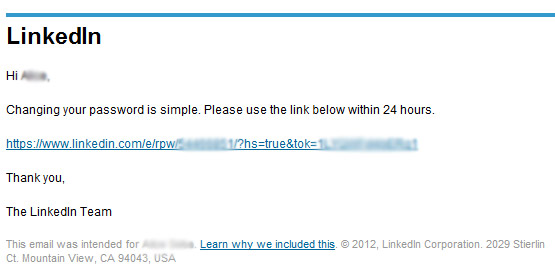 LinkedIn password reset email
