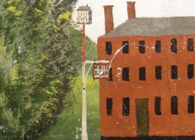 Two signatures from Jonathan D. Poor murals. One is "J.D. Poor" written in black on a yellow paddle boat wheel, and the other is "Hotel J.D.P." written in black on a red signpost.