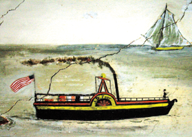 Two signatures from Jonathan D. Poor murals. One is "J.D. Poor" written in black on a yellow paddle boat wheel, and the other is "Hotel J.D.P." written in black on a red signpost.