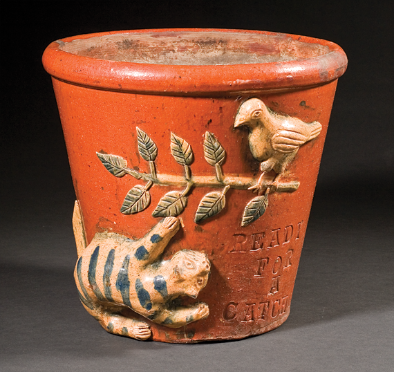 Fig. 4: Flowerpot, attributed to Absalom Bixler (1802–1884) or his brother Jacob Bixler (born ca. 1808), Lancaster County, Pa., ca. 1850–1880. Lead-glazed earthenware. Collection of Robert and Katherine Booth.  