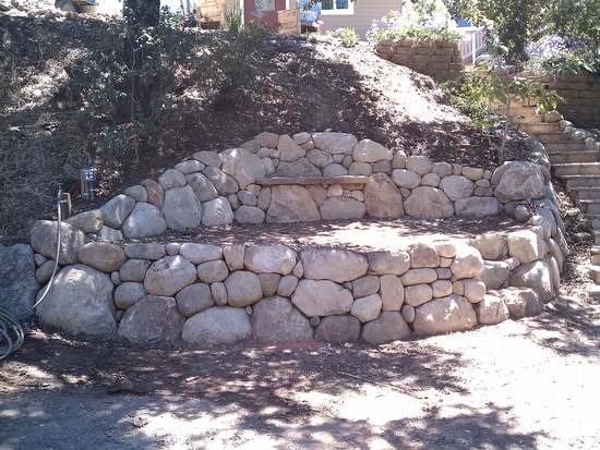 stone wall and bench