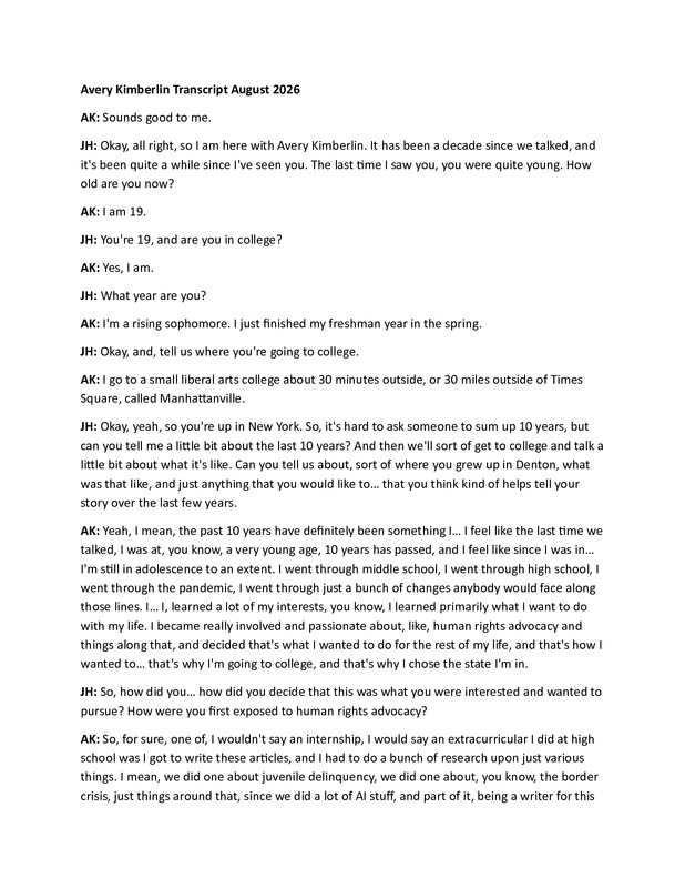 Avery Kimberlin transcript, 2026
