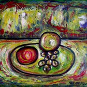 A_green_and_red_apple_with_grapes_card