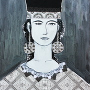 Cypriot_woman__traditional_lefkara_lace_motives__50_x_60_cm__oil_on_canvas__mixed_media__collage__2011_card