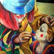 2007__clowns__oil_pastels___the_clown_s_daughter_-_born_entertainer_not_out_of_choice__card