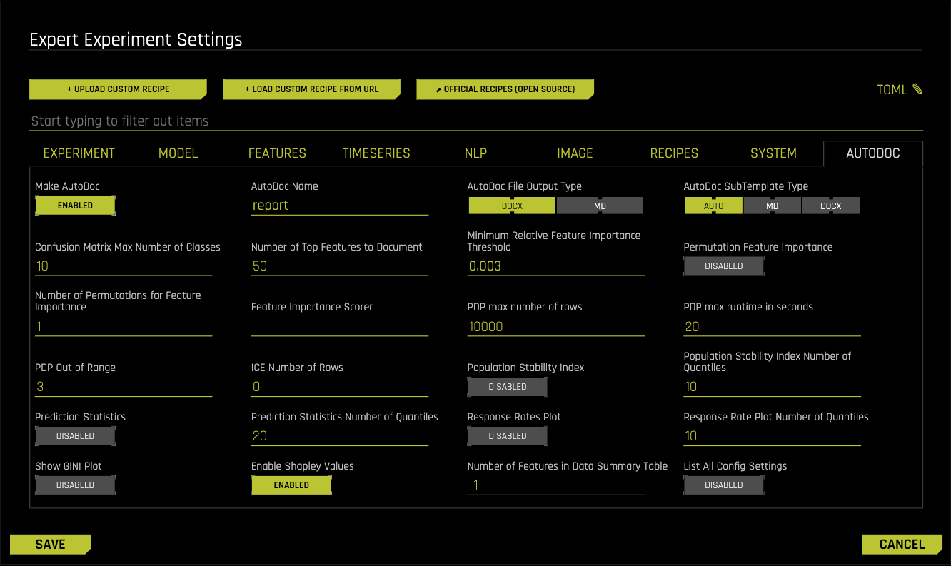 Experiment expert settings