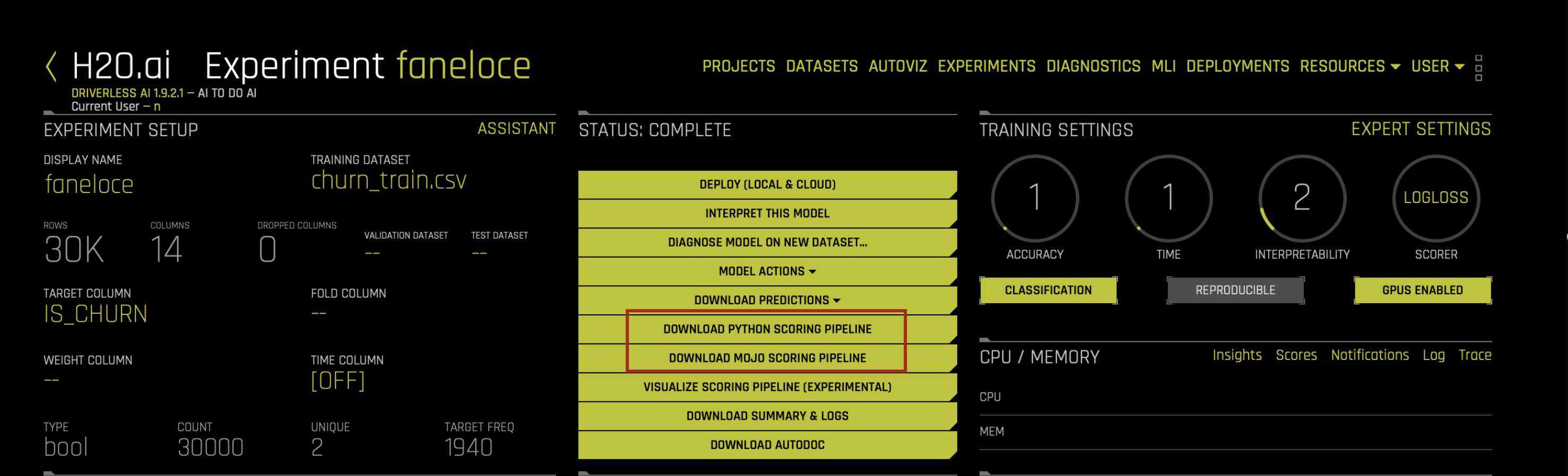 Download MOJO Scoring Pipeline button