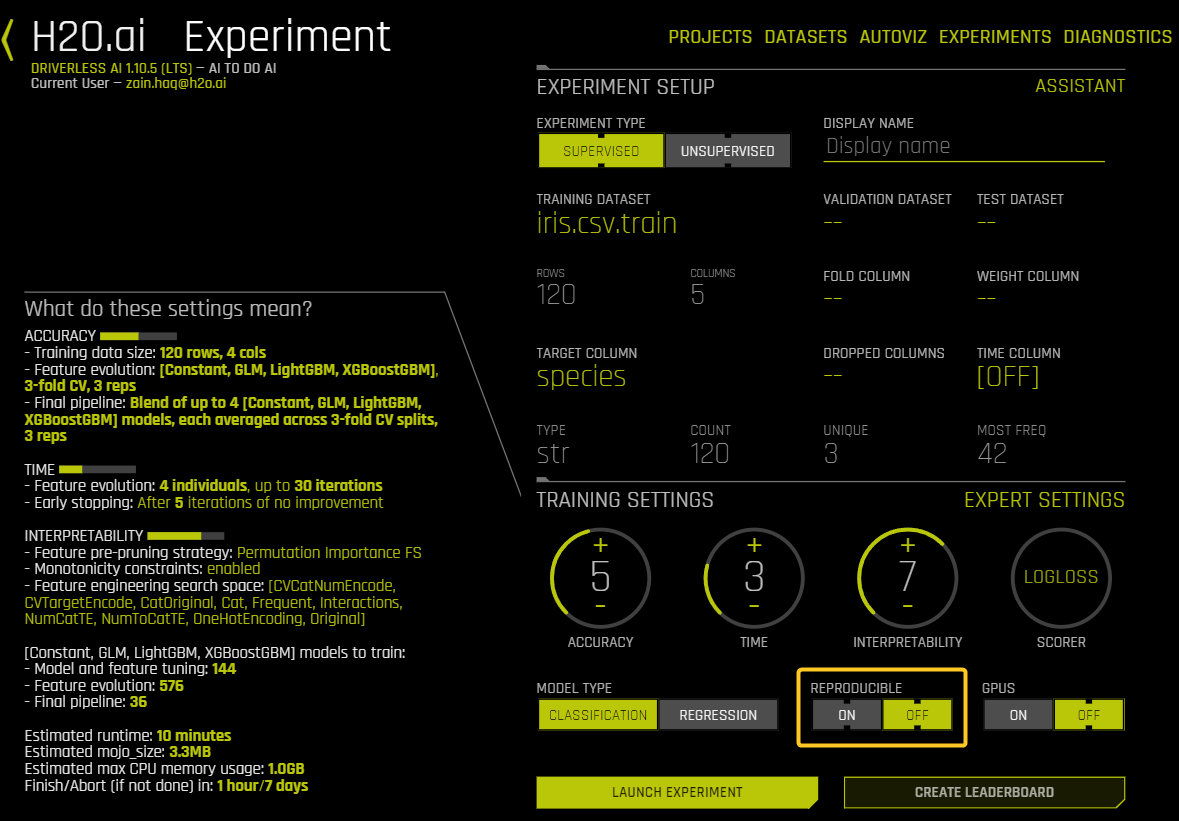 Reproducible toggle on the experiment setup page