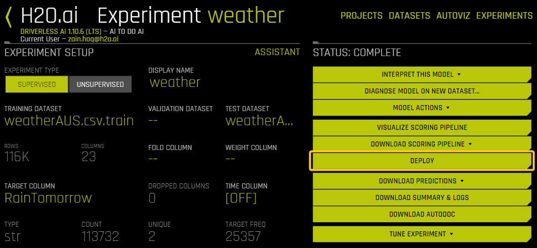 Deploy option on the completed experiment page