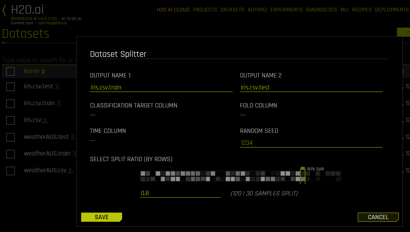 The Dataset Splitter form. Options for output names, split ratio, classification target column, fold column, time column, and random seed are displayed