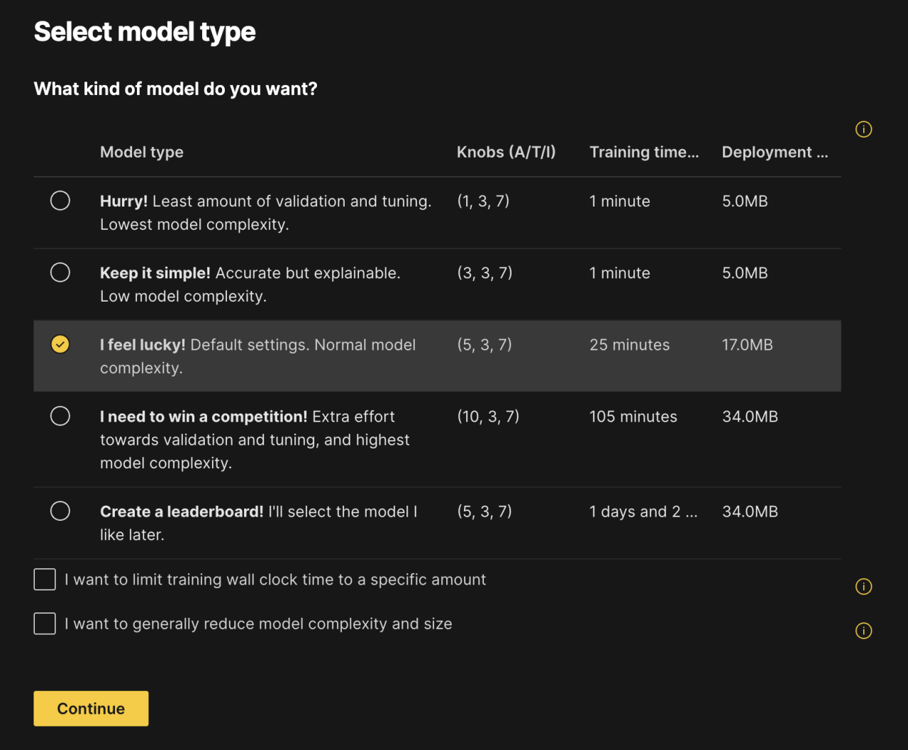 DAI Wizard select model type
