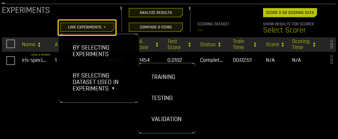Link Experiments button