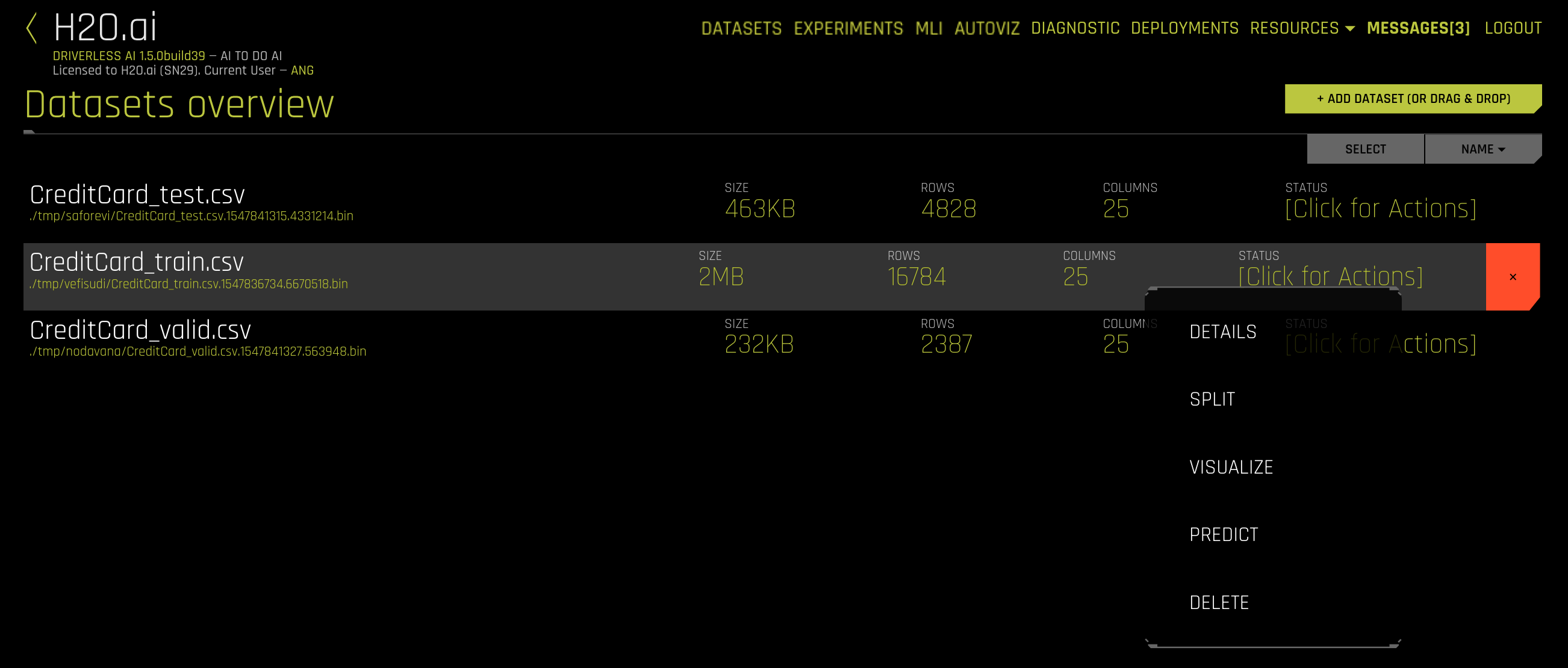 Datasets action menu