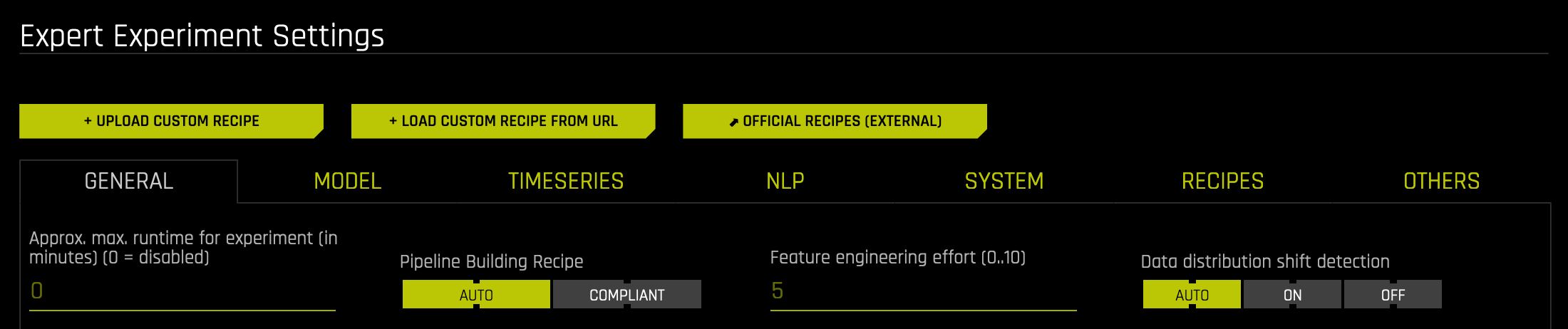 Expert settings for custom recipes