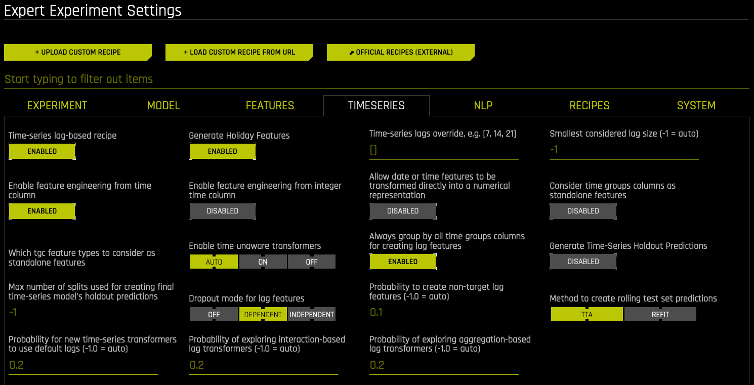 Time series option from within Expert Settings
