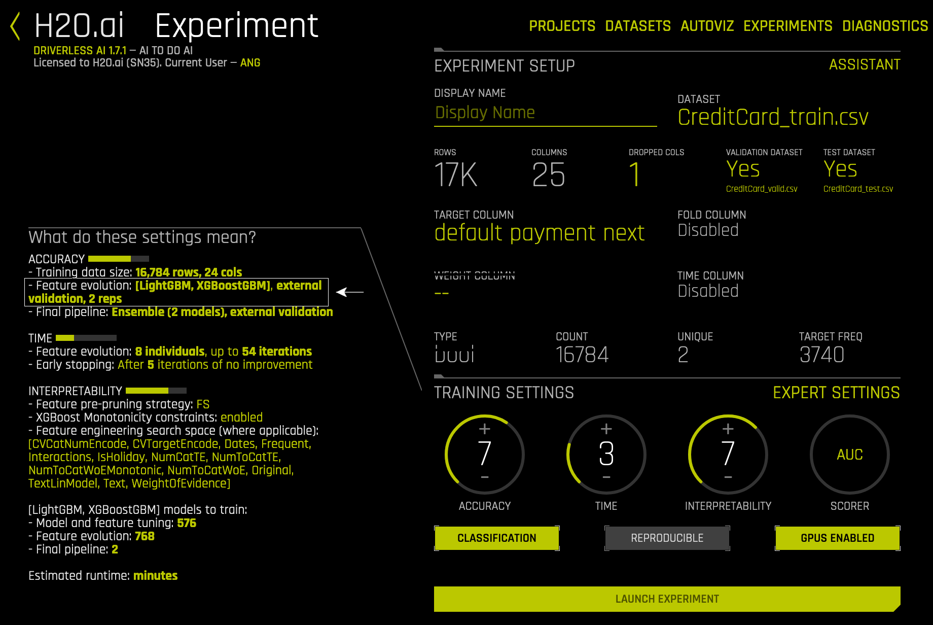 Default experiment settings.