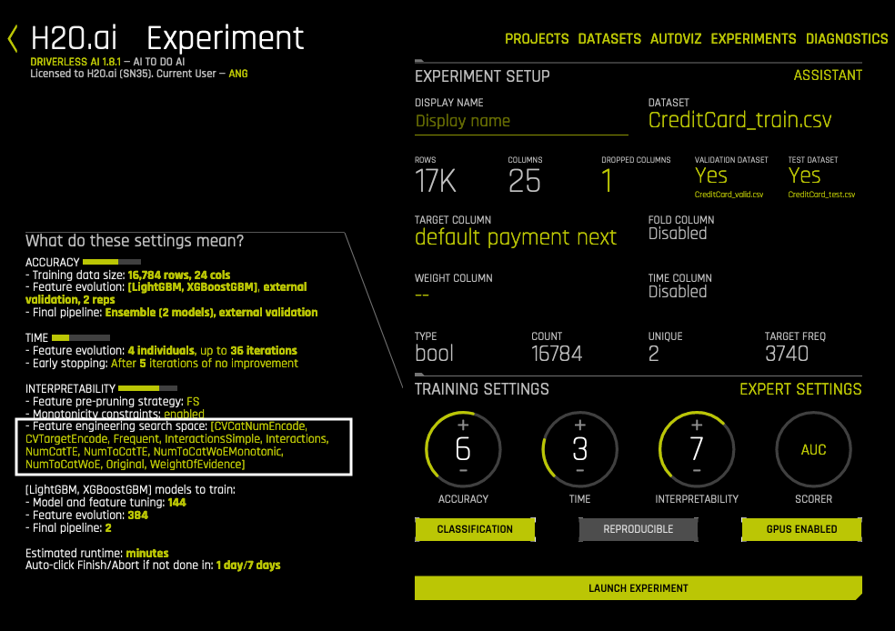 Default experiment settings.