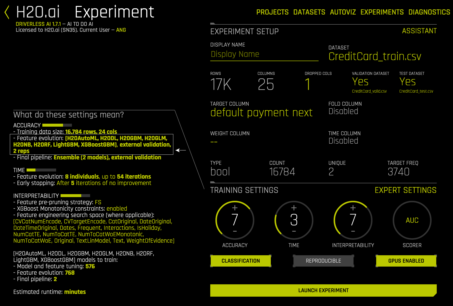 Custom experiment settings