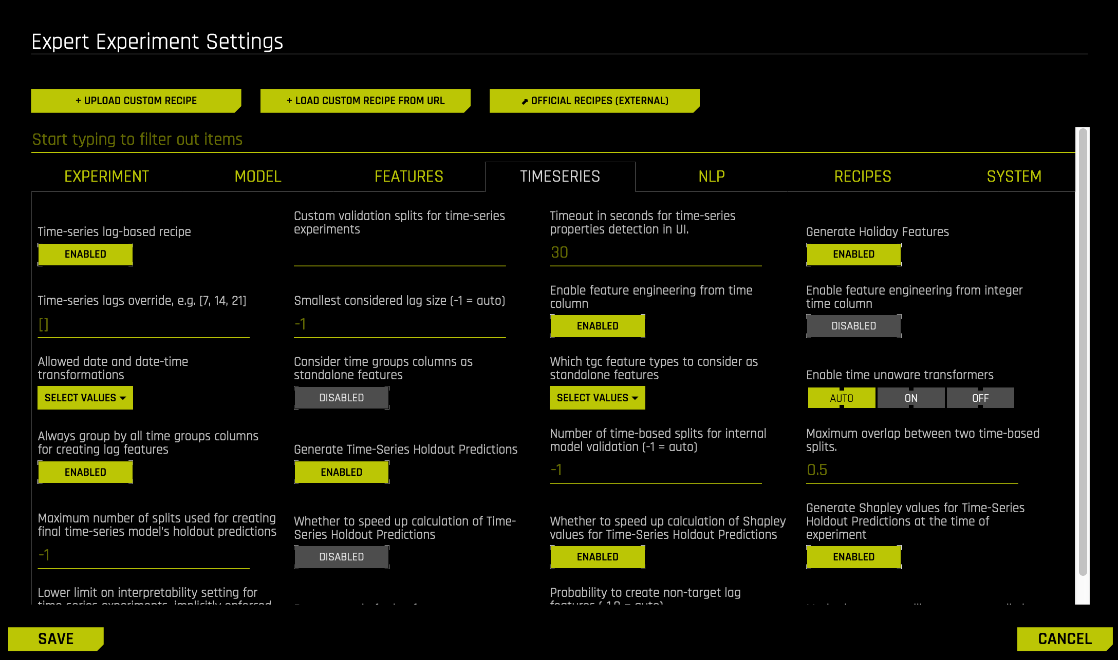 Time series option from within Expert Settings