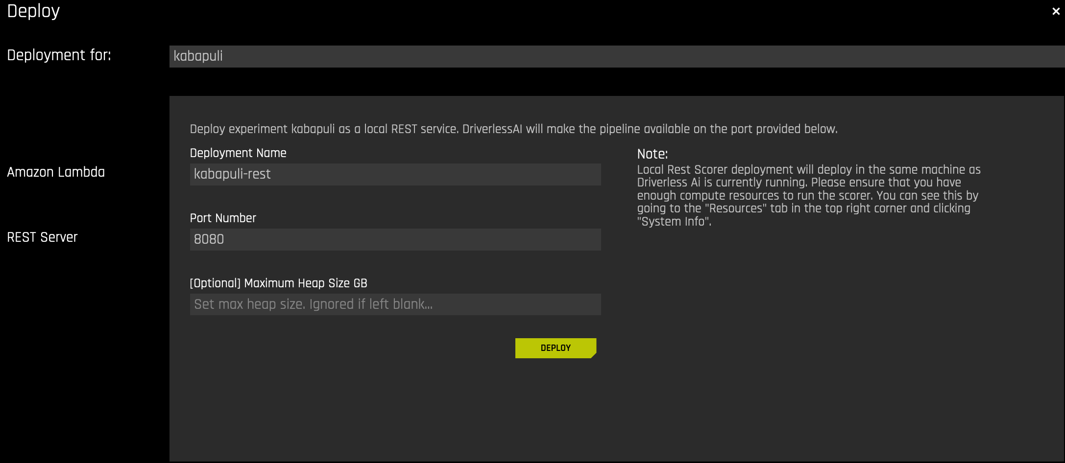 Rest Server Deployment Dialog
