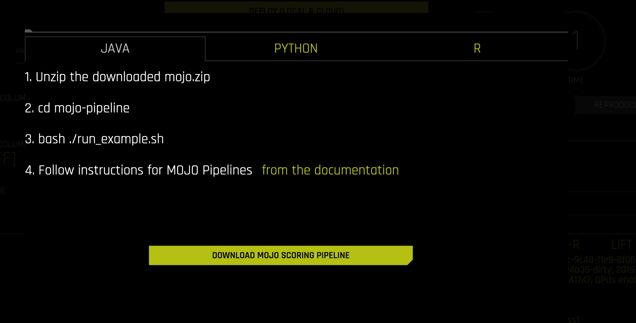 Download MOJO Scoring Pipeline pop-up