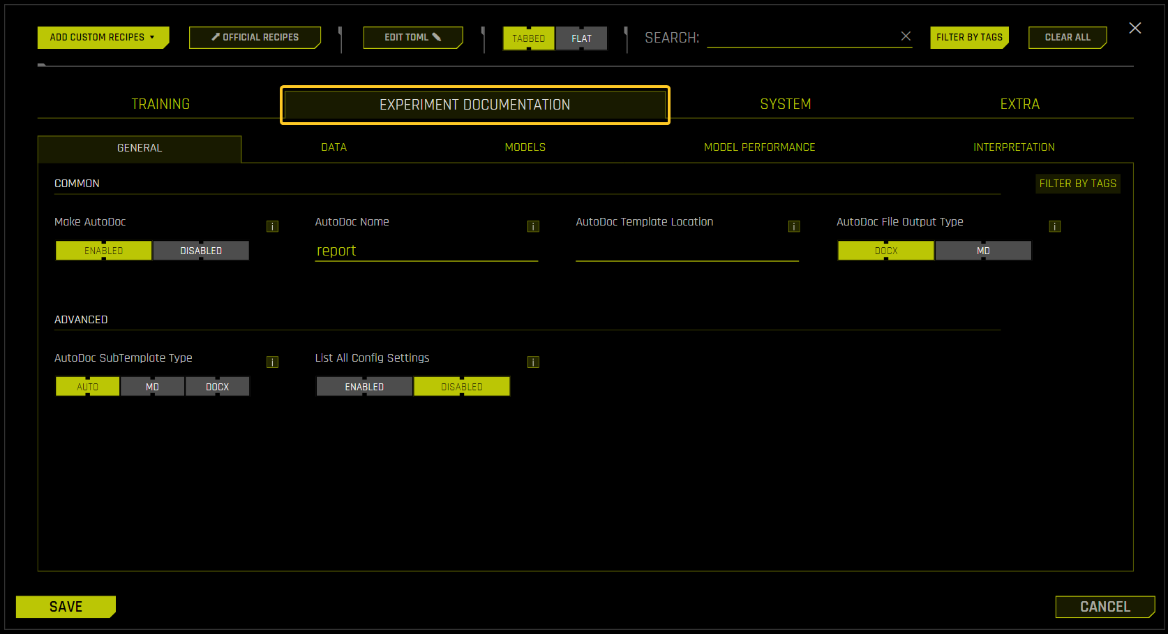 Experiment documentation expert settings
