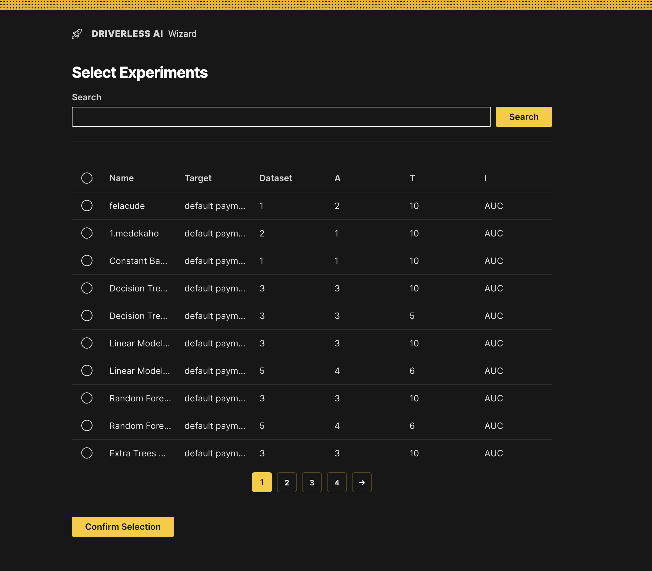 The Select Experiments page