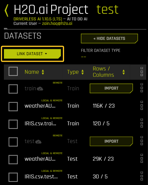 The Link Dataset button on the Project page