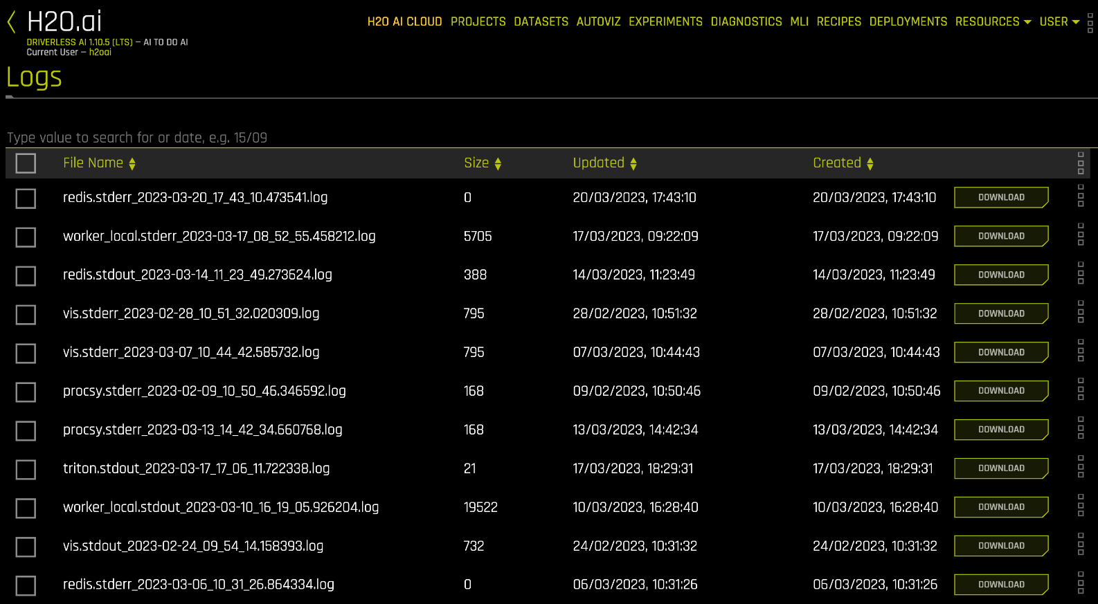 The server logs page