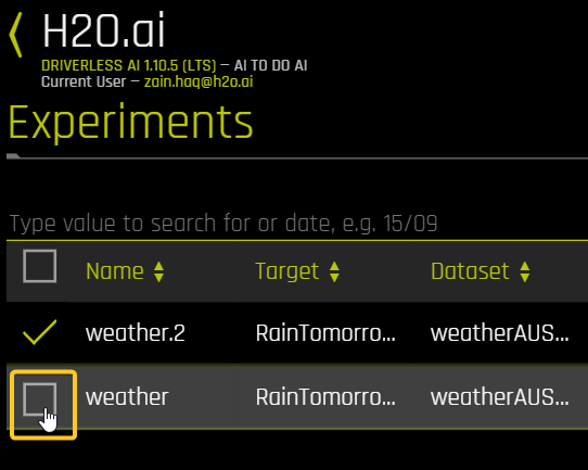 Select the experiments that you want to compare