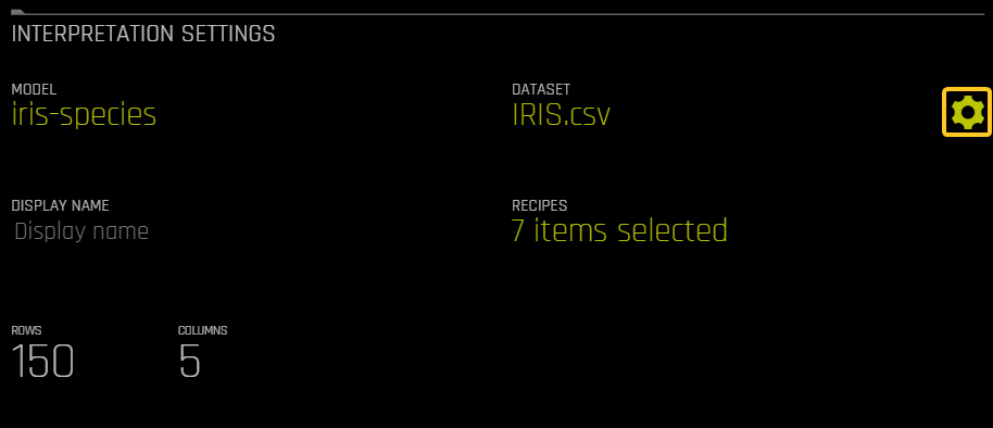 The Interpretation Settings page. A gear icon is visible next to the name of the dataset