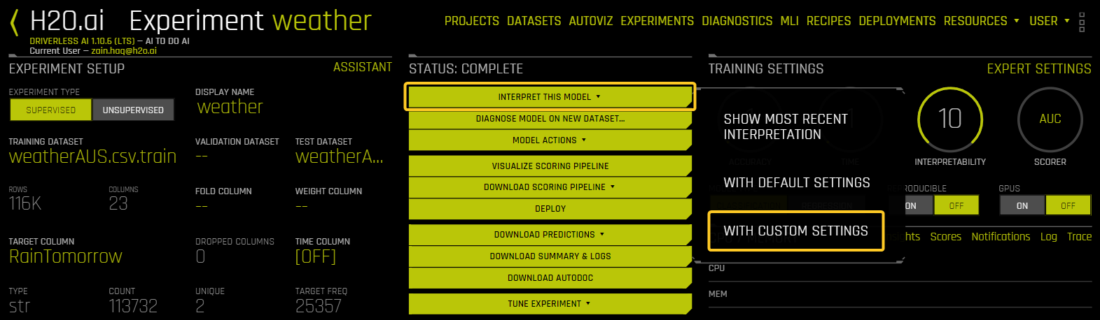 Run interpretation with custom settings