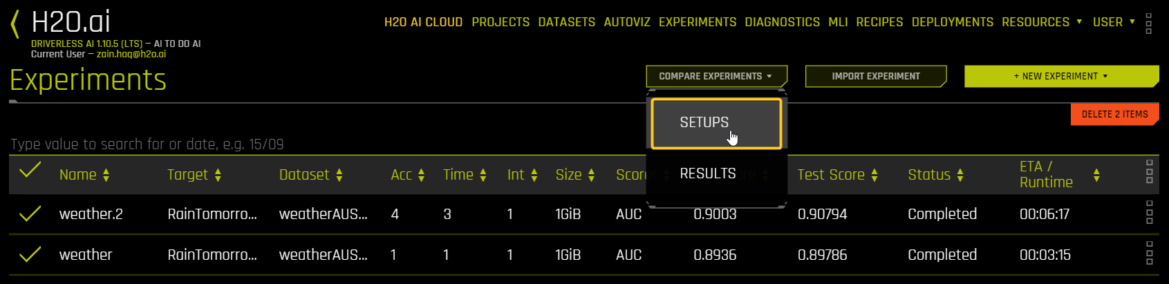 The Compare Experiments button on the Experiments page