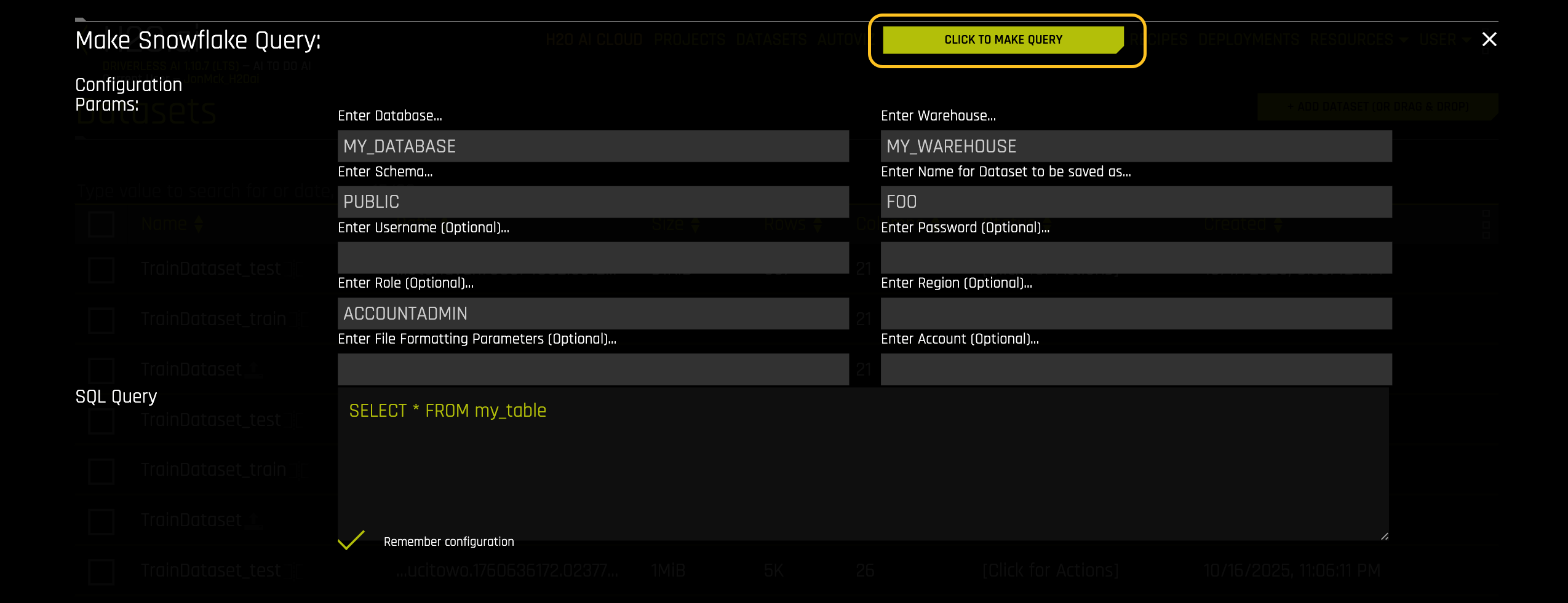 Snowflake query dialog