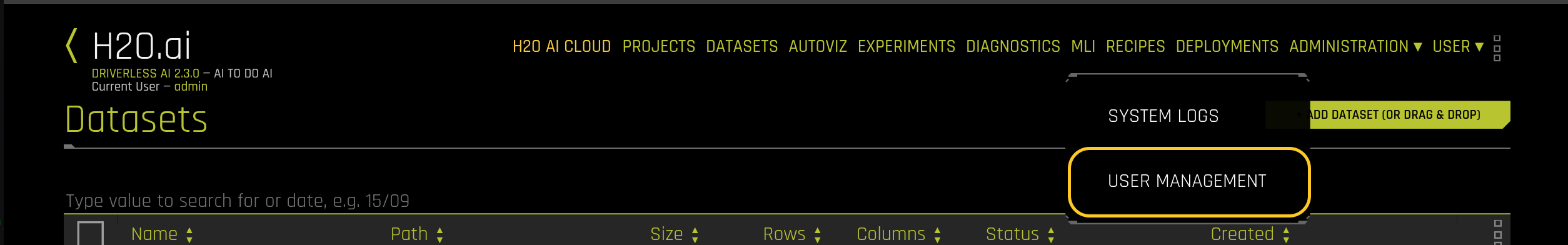 Administration dropdown menu