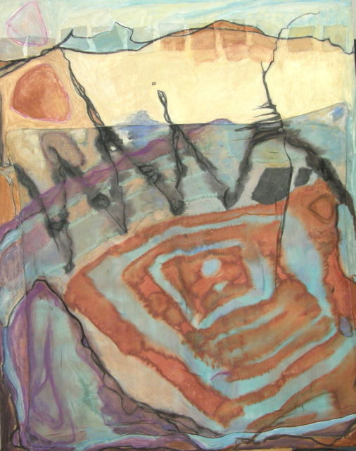 Seismic Segment 50x40 abstract painting with embedded hand painted silk