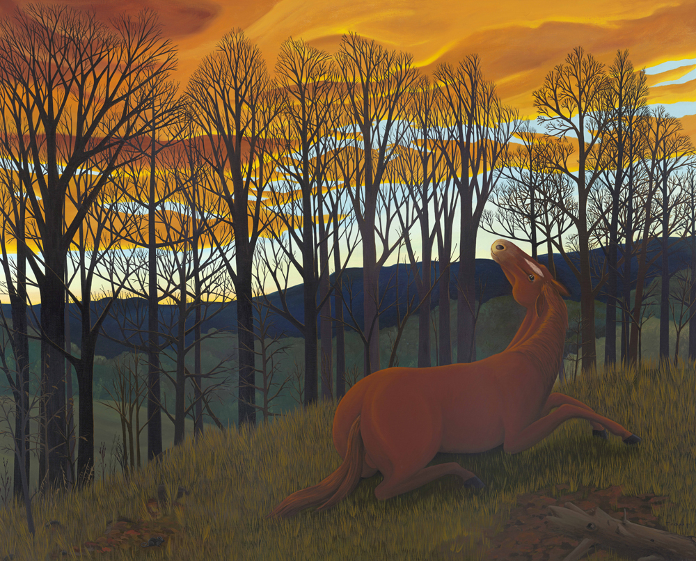 horse in woods with sunset