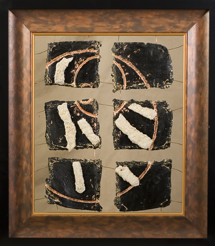 Stoneware, Copper leaf, Copper wire in stacked frame